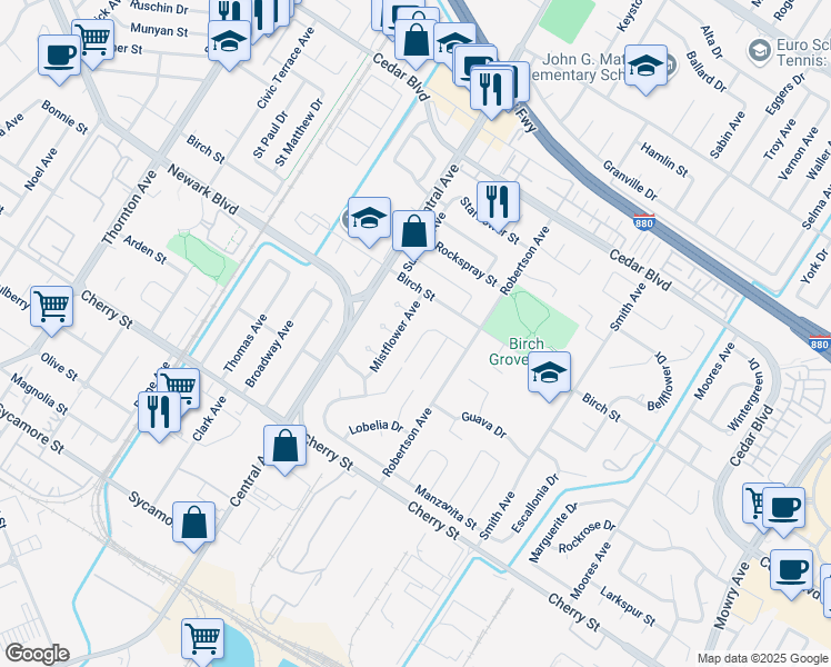 map of restaurants, bars, coffee shops, grocery stores, and more near 6169 Honeysuckle Drive in Newark