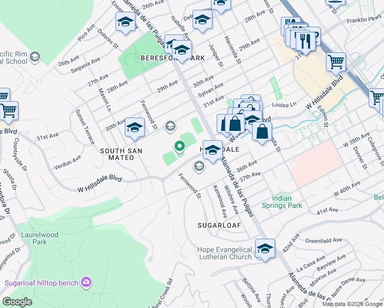 map of restaurants, bars, coffee shops, grocery stores, and more near 532 West Hillsdale Boulevard in San Mateo