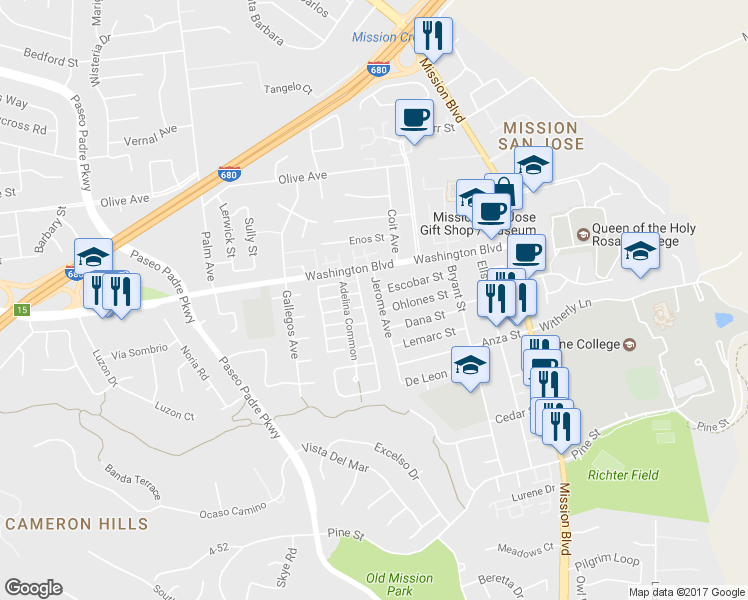 map of restaurants, bars, coffee shops, grocery stores, and more near 43353 Jerome Avenue in Fremont