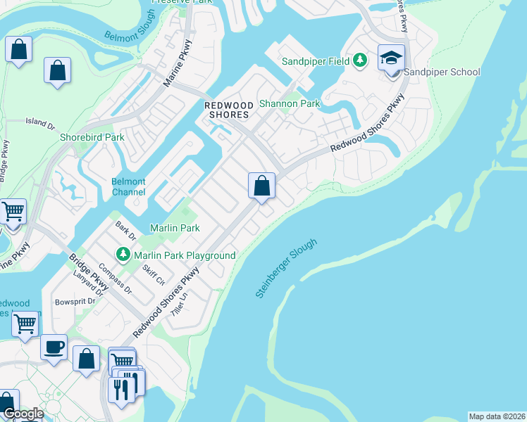 map of restaurants, bars, coffee shops, grocery stores, and more near 3 Lido Circle in Redwood City
