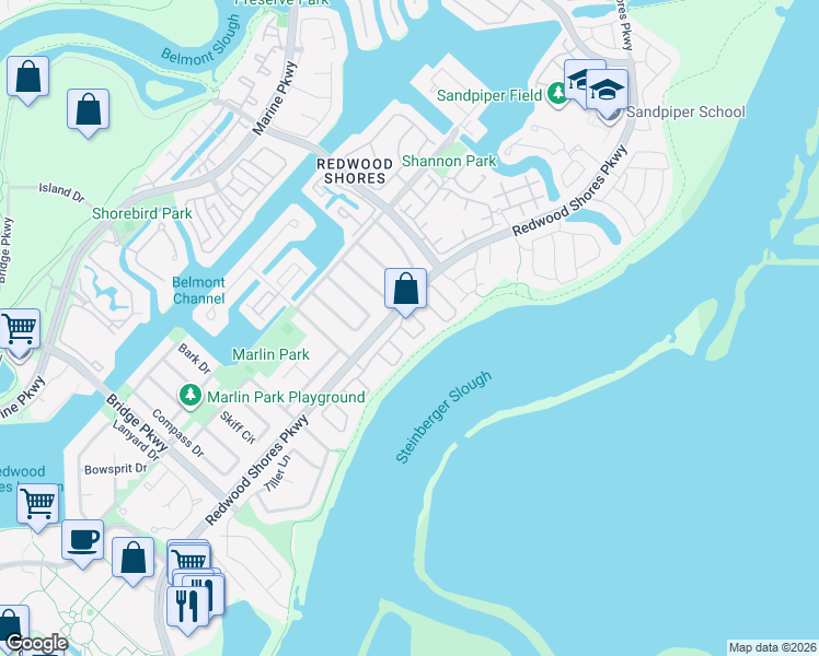map of restaurants, bars, coffee shops, grocery stores, and more near 3 Lido Circle in Redwood City