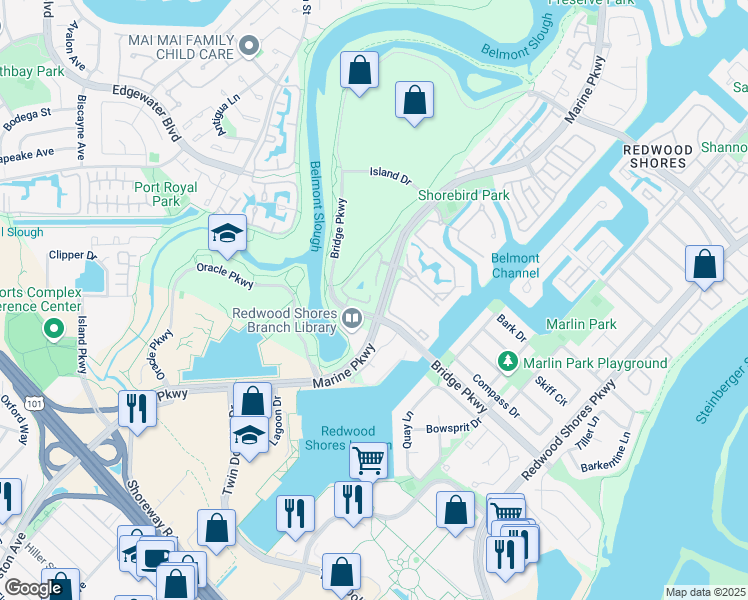 map of restaurants, bars, coffee shops, grocery stores, and more near 421 Marine Parkway in Redwood City