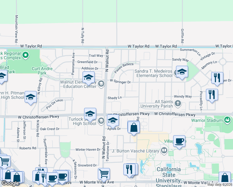 map of restaurants, bars, coffee shops, grocery stores, and more near 4121 Tahama Lane in Turlock