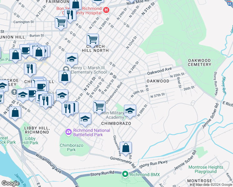 map of restaurants, bars, coffee shops, grocery stores, and more near 821 Chimborazo Boulevard in Richmond