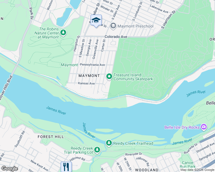 map of restaurants, bars, coffee shops, grocery stores, and more near 1506 Kansas Avenue in Richmond