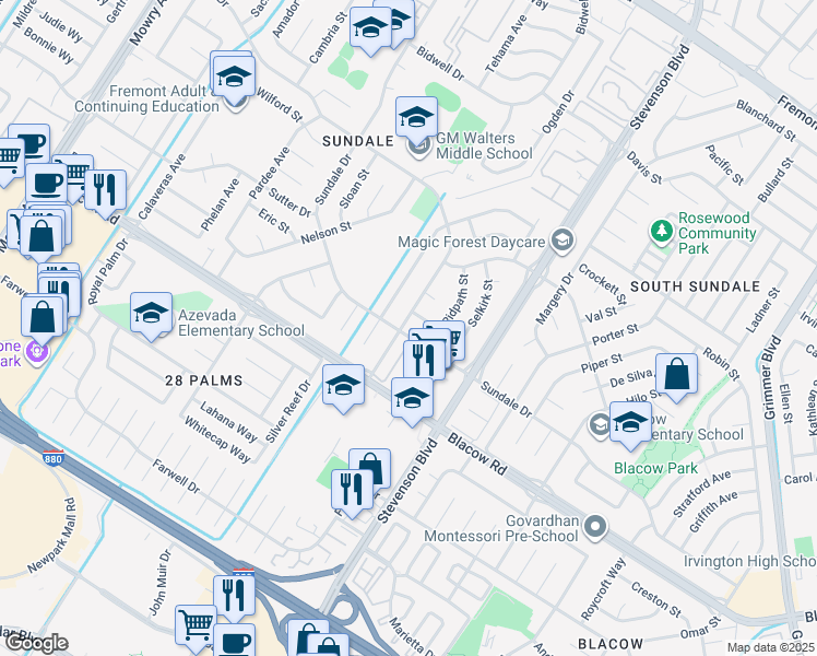 map of restaurants, bars, coffee shops, grocery stores, and more near 39814 Sundale Drive in Fremont