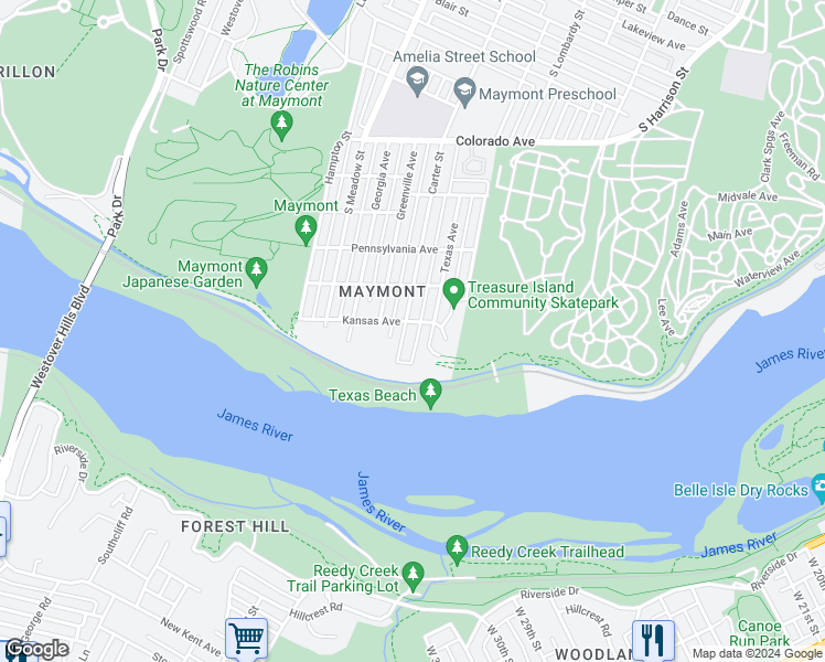 map of restaurants, bars, coffee shops, grocery stores, and more near 1903 Carter Street in Richmond