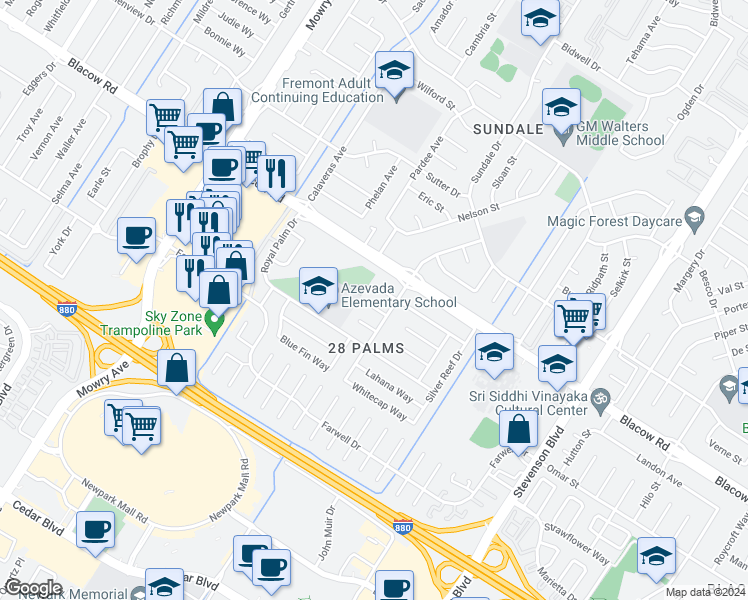 map of restaurants, bars, coffee shops, grocery stores, and more near 39556 Kahlua Court in Fremont
