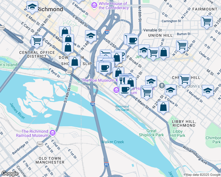 map of restaurants, bars, coffee shops, grocery stores, and more near 1900 East Cary Street in Richmond