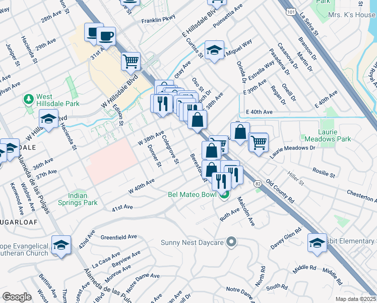 map of restaurants, bars, coffee shops, grocery stores, and more near 3928 Beresford Street in San Mateo