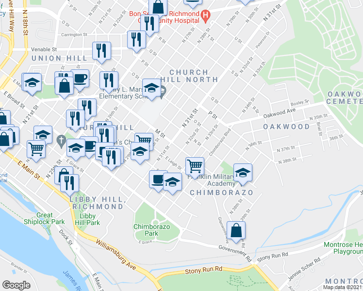 map of restaurants, bars, coffee shops, grocery stores, and more near 700 North 32nd Street in Richmond