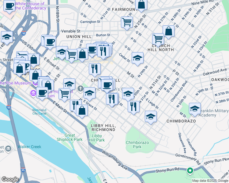 map of restaurants, bars, coffee shops, grocery stores, and more near 414 North 28th Street in Richmond