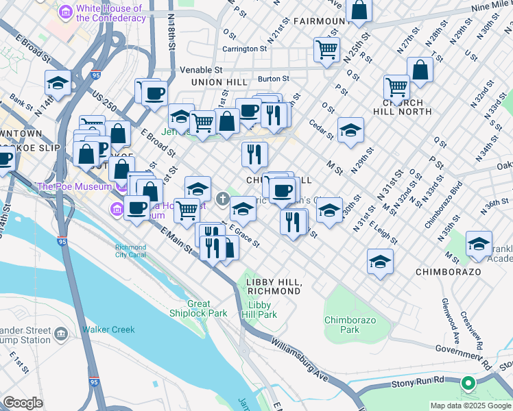 map of restaurants, bars, coffee shops, grocery stores, and more near 306 North 26th Street in Richmond