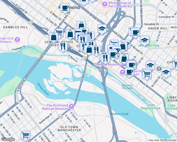 map of restaurants, bars, coffee shops, grocery stores, and more near 325 South 14th Street in Richmond