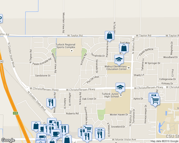 map of restaurants, bars, coffee shops, grocery stores, and more near 2398 Tea Rose Street in Turlock