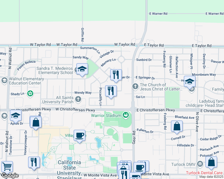 map of restaurants, bars, coffee shops, grocery stores, and more near 353 Sunshine Way in Turlock