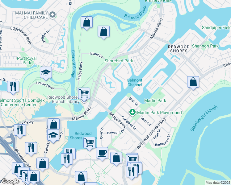 map of restaurants, bars, coffee shops, grocery stores, and more near 137 Shorebird Circle in Redwood City