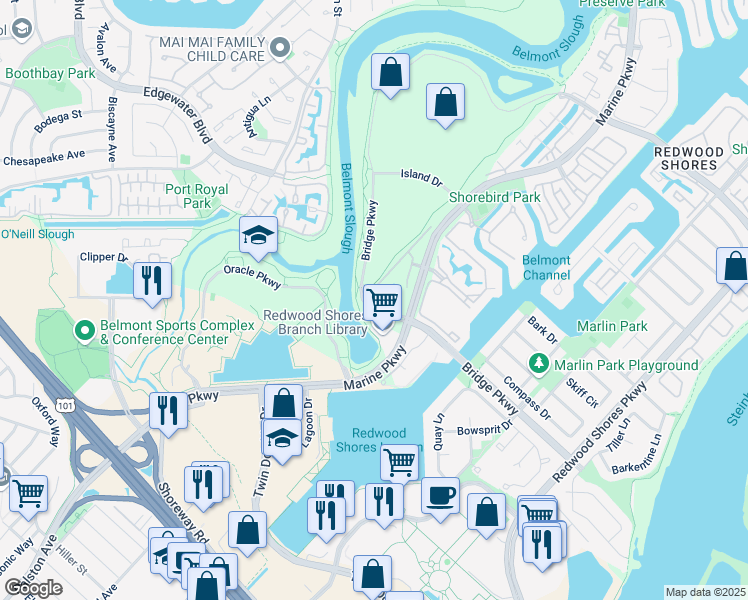 map of restaurants, bars, coffee shops, grocery stores, and more near 401 Cork Harbour Circle in Redwood City