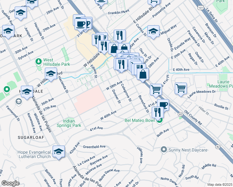 map of restaurants, bars, coffee shops, grocery stores, and more near 3835 Donner Street in San Mateo
