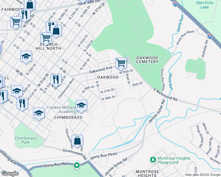map of restaurants, bars, coffee shops, grocery stores, and more near 1218 North 37th Street in Richmond
