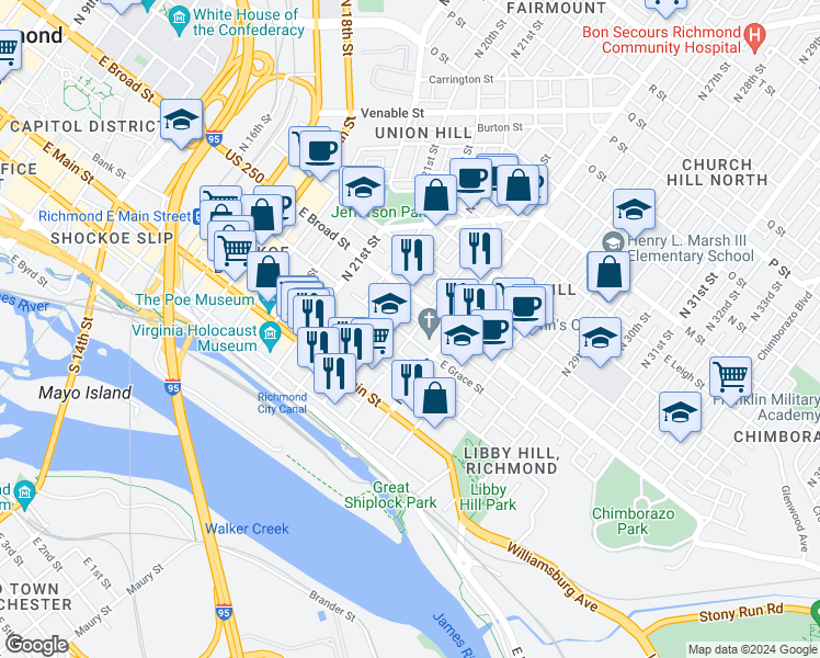 map of restaurants, bars, coffee shops, grocery stores, and more near 2314 East Grace Street in Richmond