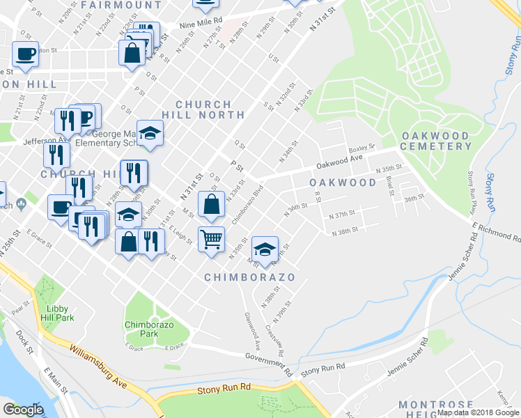 map of restaurants, bars, coffee shops, grocery stores, and more near 900 North 35th Street in Richmond