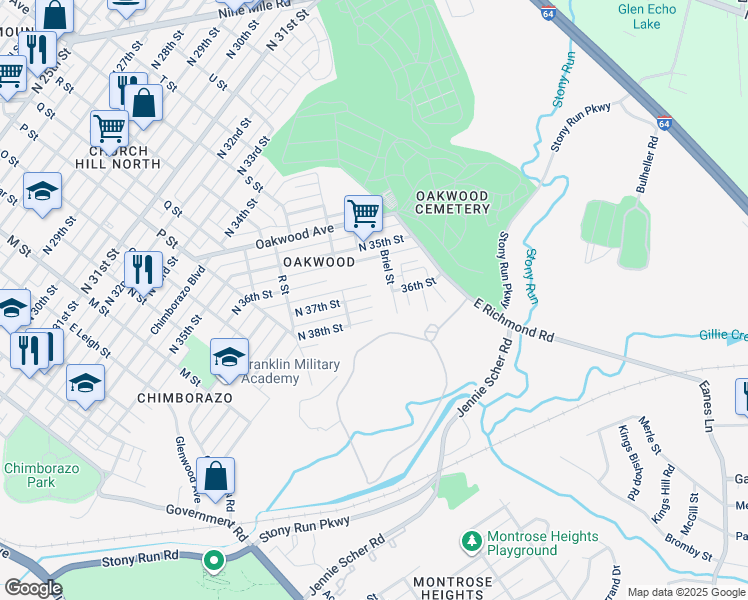 map of restaurants, bars, coffee shops, grocery stores, and more near 1311 North 37th Street in Richmond