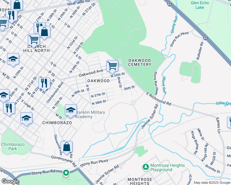 map of restaurants, bars, coffee shops, grocery stores, and more near 1311 North 37th Street in Richmond