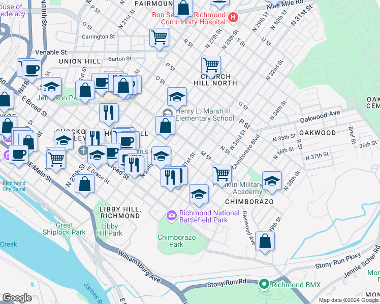 map of restaurants, bars, coffee shops, grocery stores, and more near 618 North 31st Street in Richmond