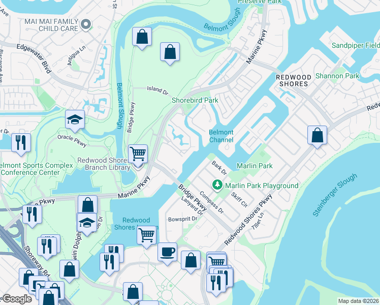 map of restaurants, bars, coffee shops, grocery stores, and more near 139 Shorebird Circle in Redwood City