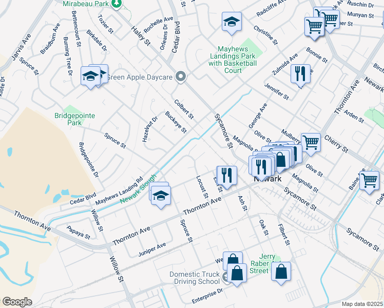 map of restaurants, bars, coffee shops, grocery stores, and more near 7698 Redbud Court in Newark