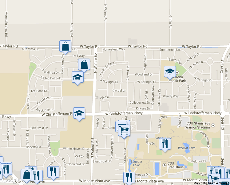 map of restaurants, bars, coffee shops, grocery stores, and more near 1296 Casual Ln in Turlock