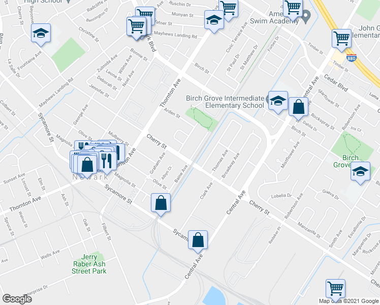 map of restaurants, bars, coffee shops, grocery stores, and more near 6453 Baine Avenue in Newark