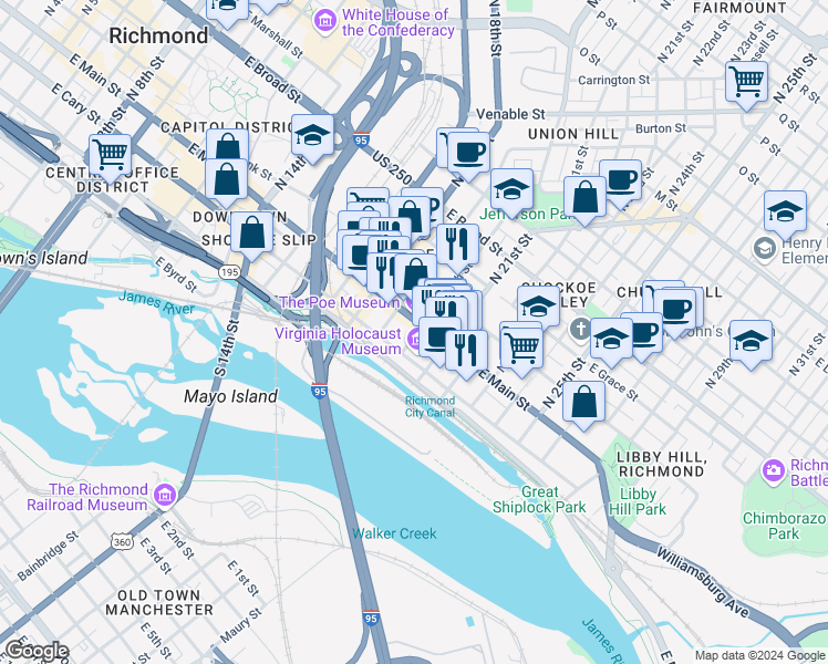 map of restaurants, bars, coffee shops, grocery stores, and more near 10 South 20th Street in Richmond