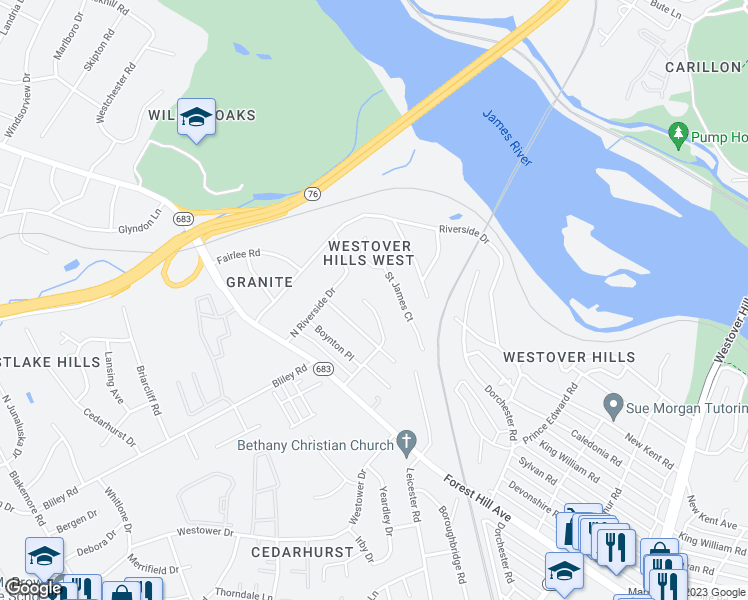map of restaurants, bars, coffee shops, grocery stores, and more near 5624 Langdon Court in Richmond