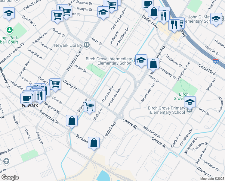 map of restaurants, bars, coffee shops, grocery stores, and more near 37425 California Street in Newark