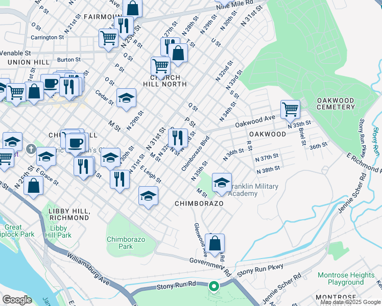 map of restaurants, bars, coffee shops, grocery stores, and more near 812 Chimborazo Boulevard in Richmond