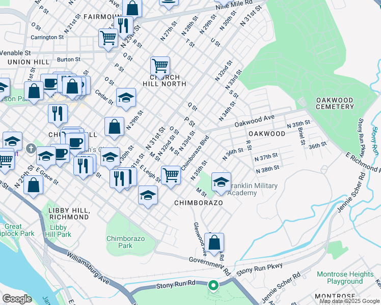 map of restaurants, bars, coffee shops, grocery stores, and more near 812 Chimborazo Boulevard in Richmond