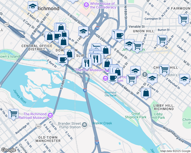 map of restaurants, bars, coffee shops, grocery stores, and more near 1817 East Cary Street in Richmond
