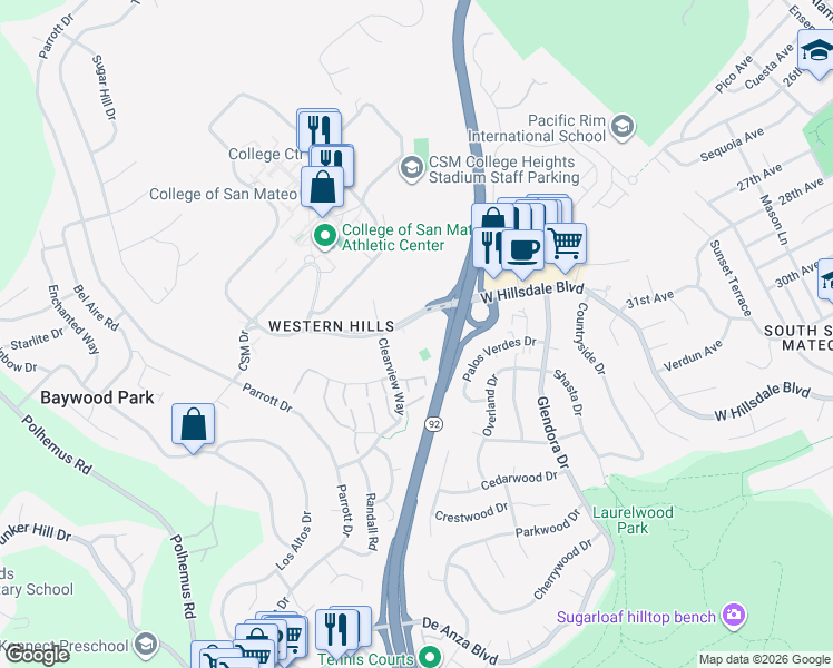 map of restaurants, bars, coffee shops, grocery stores, and more near 1051 West Hillsdale Boulevard in San Mateo