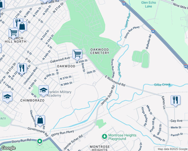map of restaurants, bars, coffee shops, grocery stores, and more near 3530 East Richmond Road in Richmond