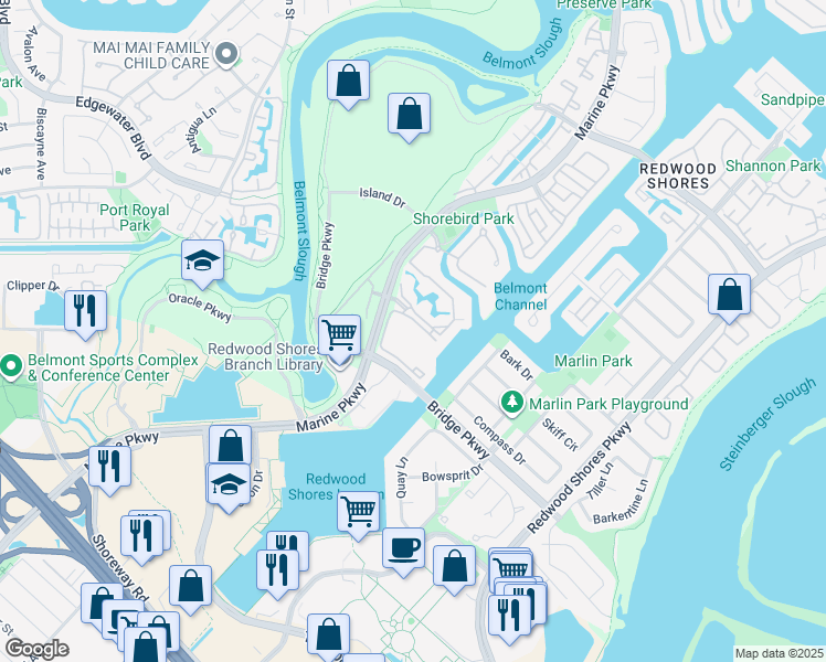 map of restaurants, bars, coffee shops, grocery stores, and more near 32 Cove Lane in Redwood City