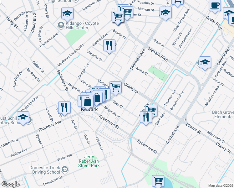 map of restaurants, bars, coffee shops, grocery stores, and more near 6657 Thornton Avenue in Newark
