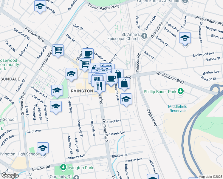 map of restaurants, bars, coffee shops, grocery stores, and more near 3918 Washington Boulevard in Fremont