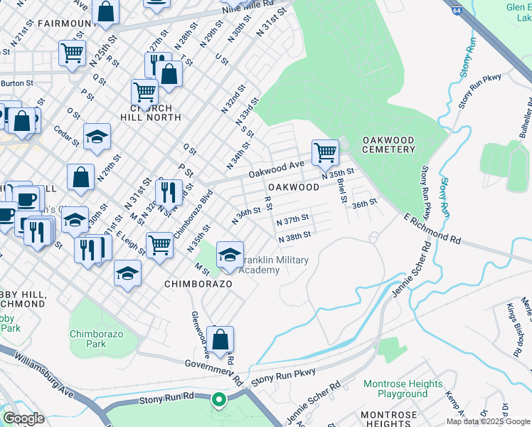 map of restaurants, bars, coffee shops, grocery stores, and more near 1113 North 36th Street in Richmond