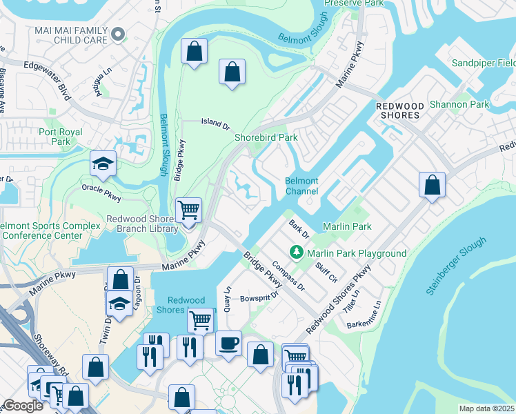 map of restaurants, bars, coffee shops, grocery stores, and more near 139 Shorebird Circle in Redwood City