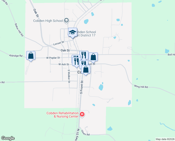 map of restaurants, bars, coffee shops, grocery stores, and more near 111 East Maple in Cobden