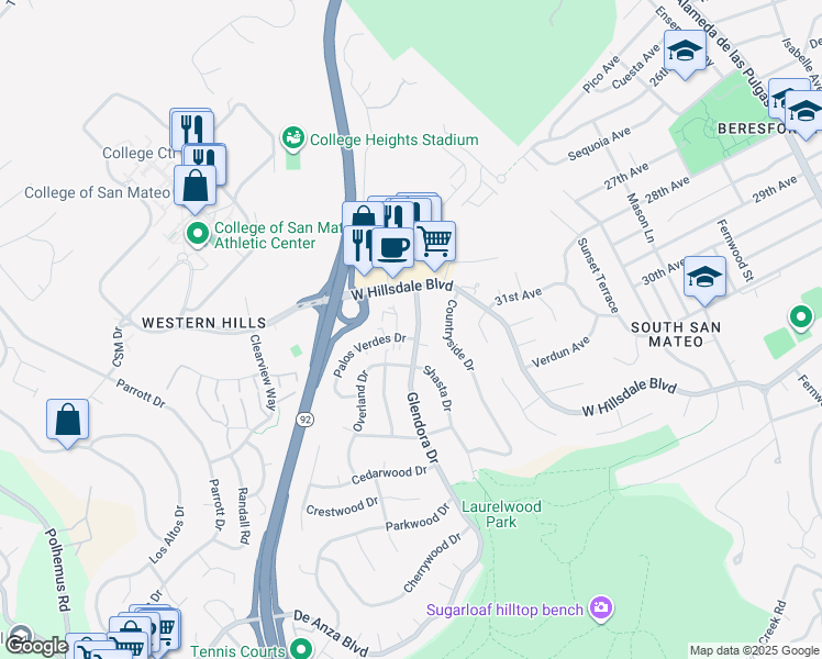 map of restaurants, bars, coffee shops, grocery stores, and more near 1300 Palos Verdes Drive in San Mateo