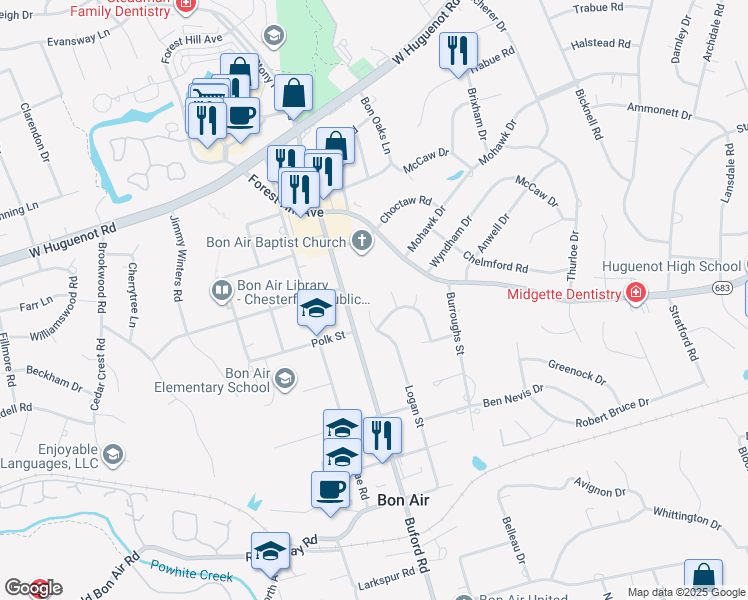 map of restaurants, bars, coffee shops, grocery stores, and more near 2405 Logan Street in Richmond