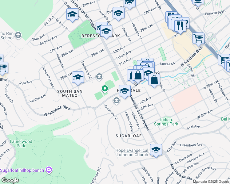 map of restaurants, bars, coffee shops, grocery stores, and more near 532 West Hillsdale Boulevard in San Mateo